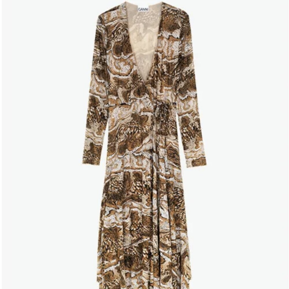 GANNI PRINTED MESH WRAP DRESS/ SIZE: 38/ COLOR: PYTHON PRINT